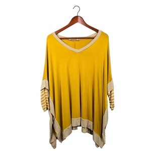 RAE MODE V neck Pullover Poncho Blouse Yellow White Stripe‎ Womens Size M